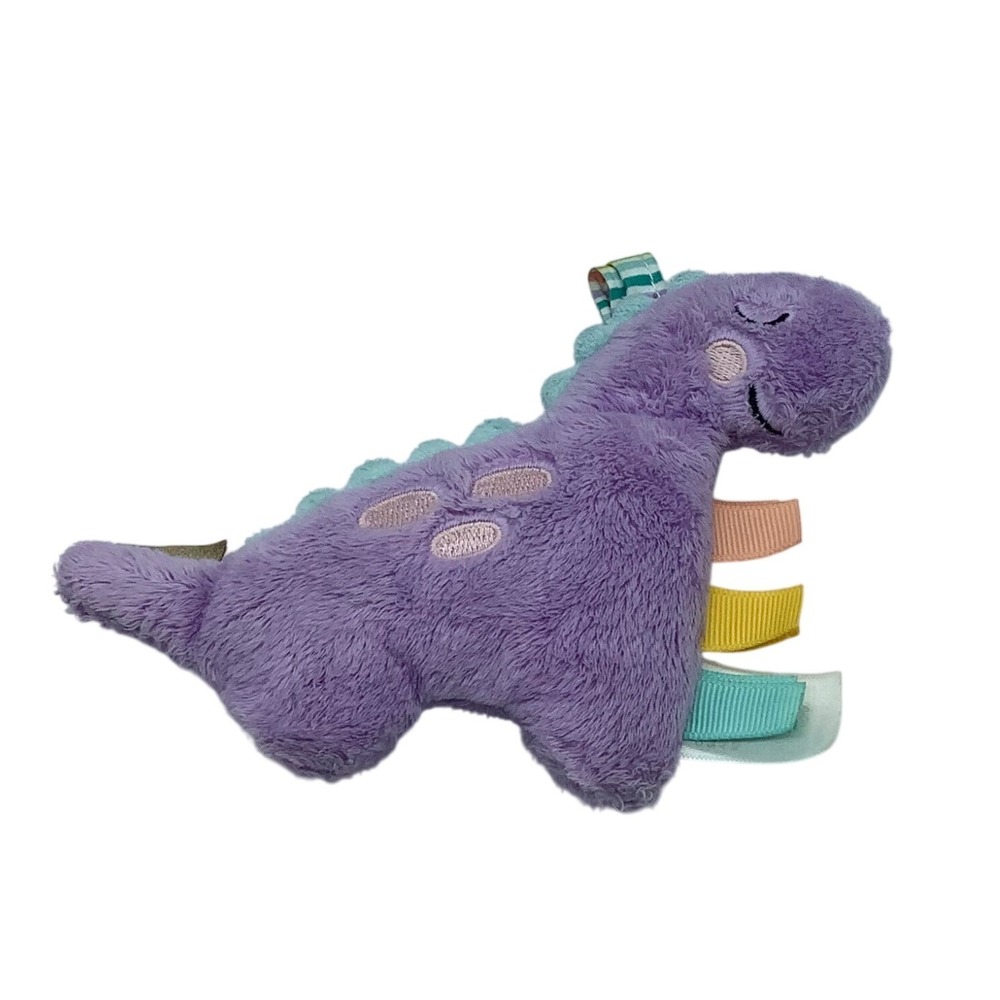 Purple Dinosaur Plush Baby Sensory Toy Colorful Ribbons Teal Accents